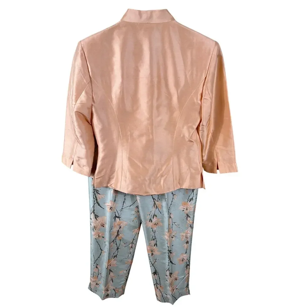 Adrianna Papell Pant Suit Women's Size 6‎ Peach Silk Floral Bead Asian Inspired